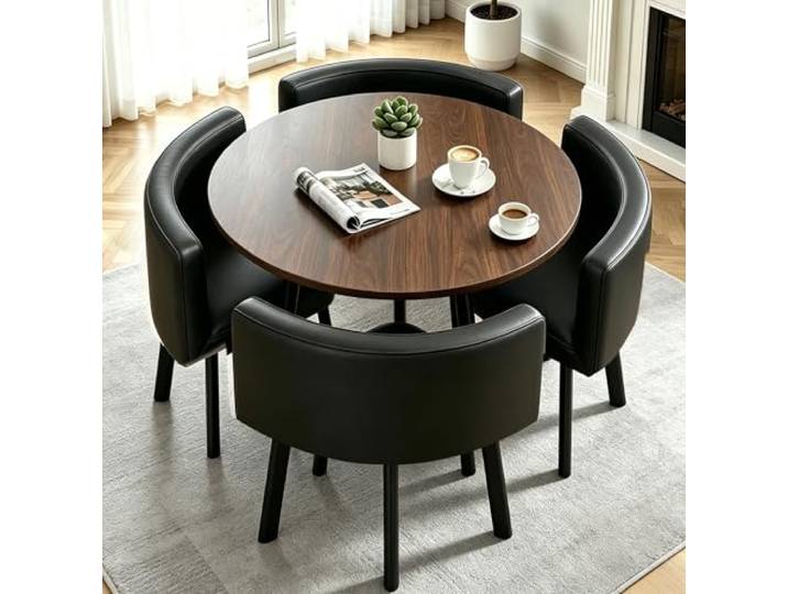 AMZSEW Esstisch und 4 Stuhlset, 90cm Runder Esstisch und 4 Kunstleder Esszimmerstühle,platzsparendes für Küche, Wohnzimmer, Balkon, Restaurant, Büro,Holzt + hellgraus,Walnut