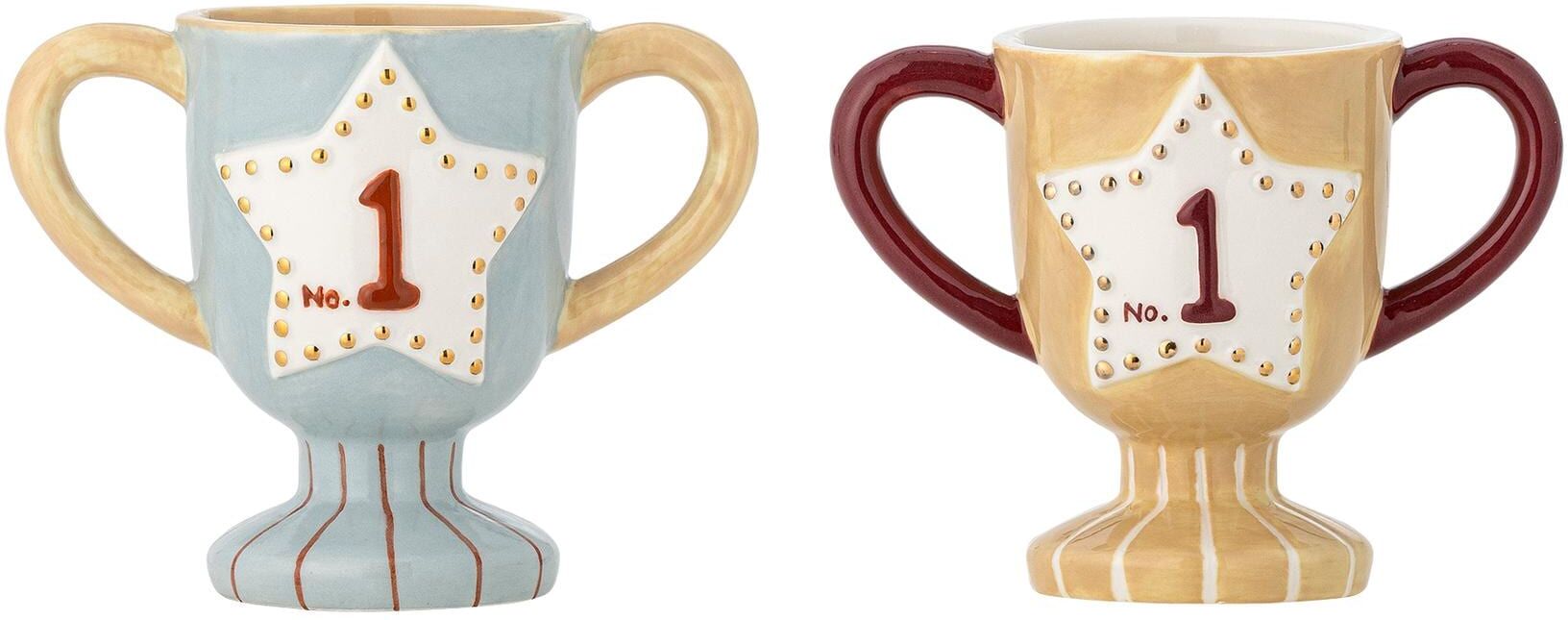 Tasse BLOOMINGVILLE "Trophy 150 ml, 2 Stück", Baby, Gr. 10cm, 150ml, braun (blau, gelb), Keramik, Steinzeug, Trinkgefässe Tasse blau, gelb 10cm, 150ml
