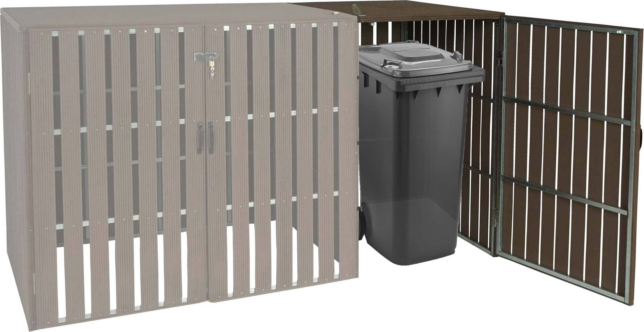 1er WPC-Mülltonnenverkleidung Erweiterung HWC-J28, Mülltonnenbox, Metall Holzoptik braun