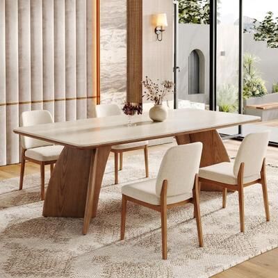 YUZHOU "62.99"" Rectangular Sintered Stone Dining Table with Solid Wood Legs for Dining Room - 62.99"" L ×35.43"" W ×28.94"" H"