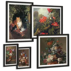 BILDER SET 5er Set - 50x50 cm & 20x30 cm & 40x60 cm Schwarzer Rahmen - Vintage-Blumen, Katzen, Pflanzen