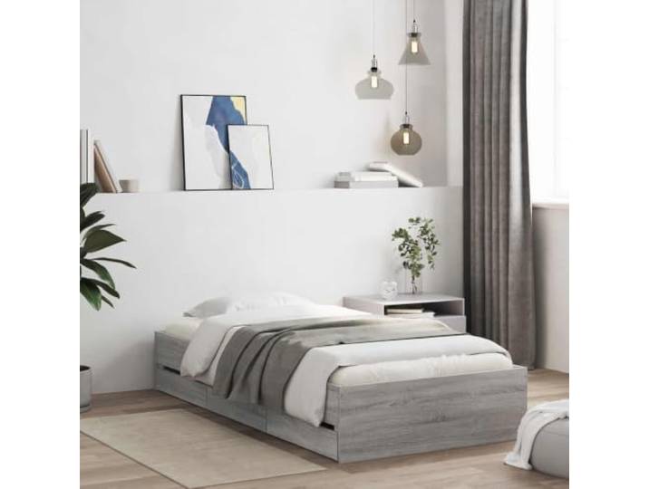 RJPLMFV Bettgestell mit Schublade Beton-Grau 80x200 cm Holzwerkstoff, integrierte Schubladen, fester Lattenboden, moderner minimalistischer Stil