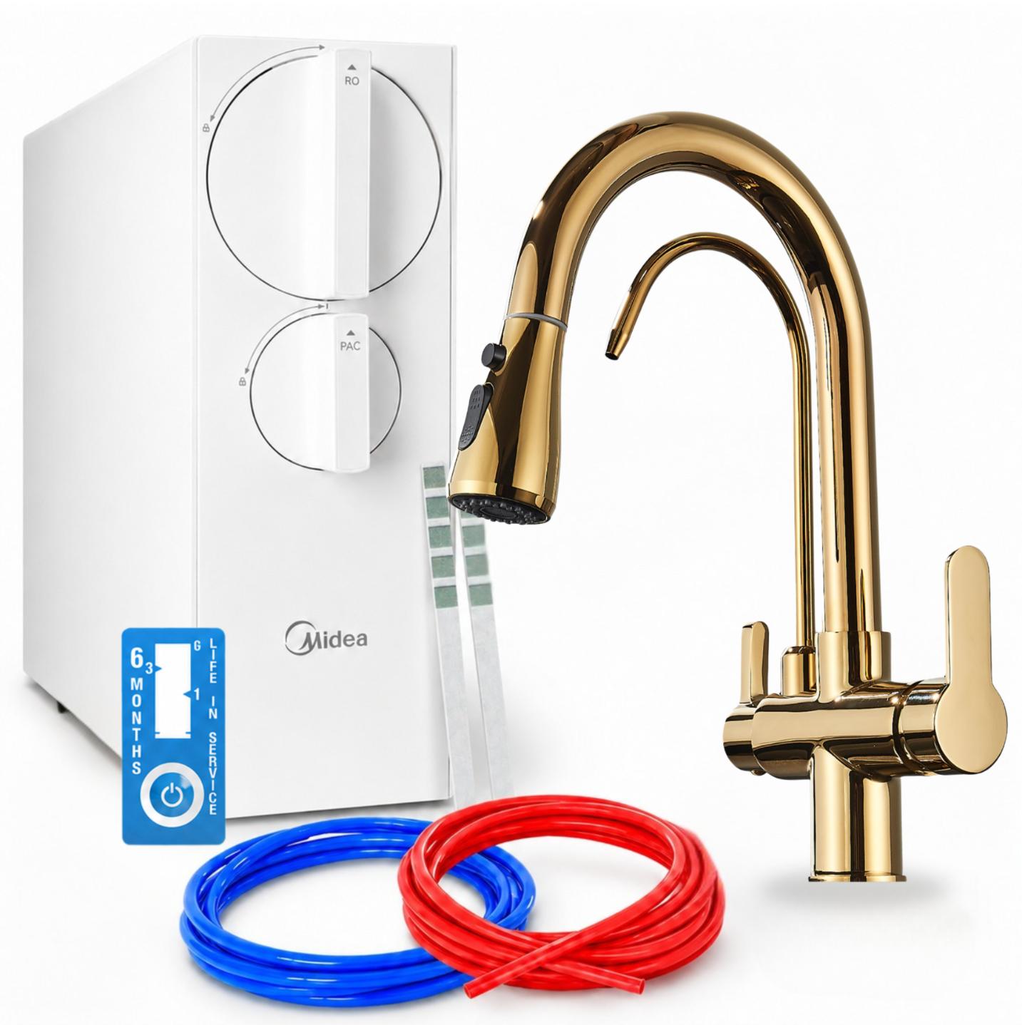 Küchenarmatur Mit Wasserfiltersystem Ari Nordic, Zweigriffarmatur, Messing, Gold, Keramikkartusche, Perlator, 800 Gpd Umkehrosmoseanlage, Luftsprudler