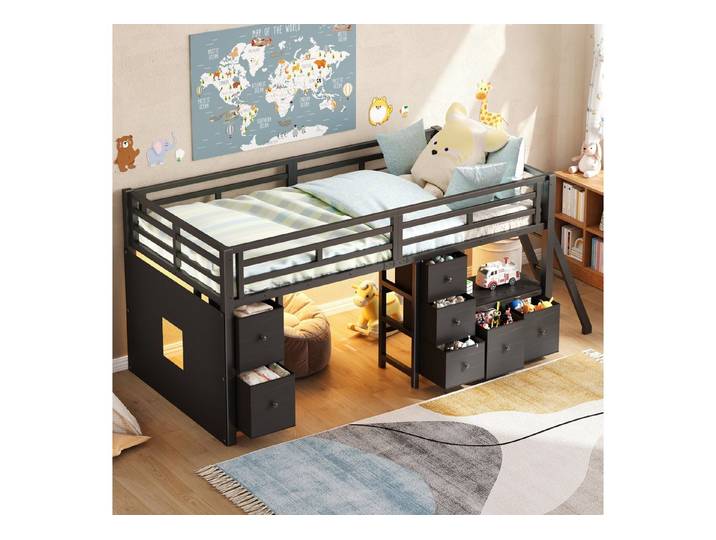 STILVORA Hochbett 90×200 mit Stauraum und Matratze Funktionbett Bettgestell mit LED (Halbhochbett, Stoffschubladen, Regal, Spielvorhang, LED-Lichtleiste, Fernbedienung, 7 Farben, robust, praktisch) Für Kinderzimmer, kleine Räume und Spielecken