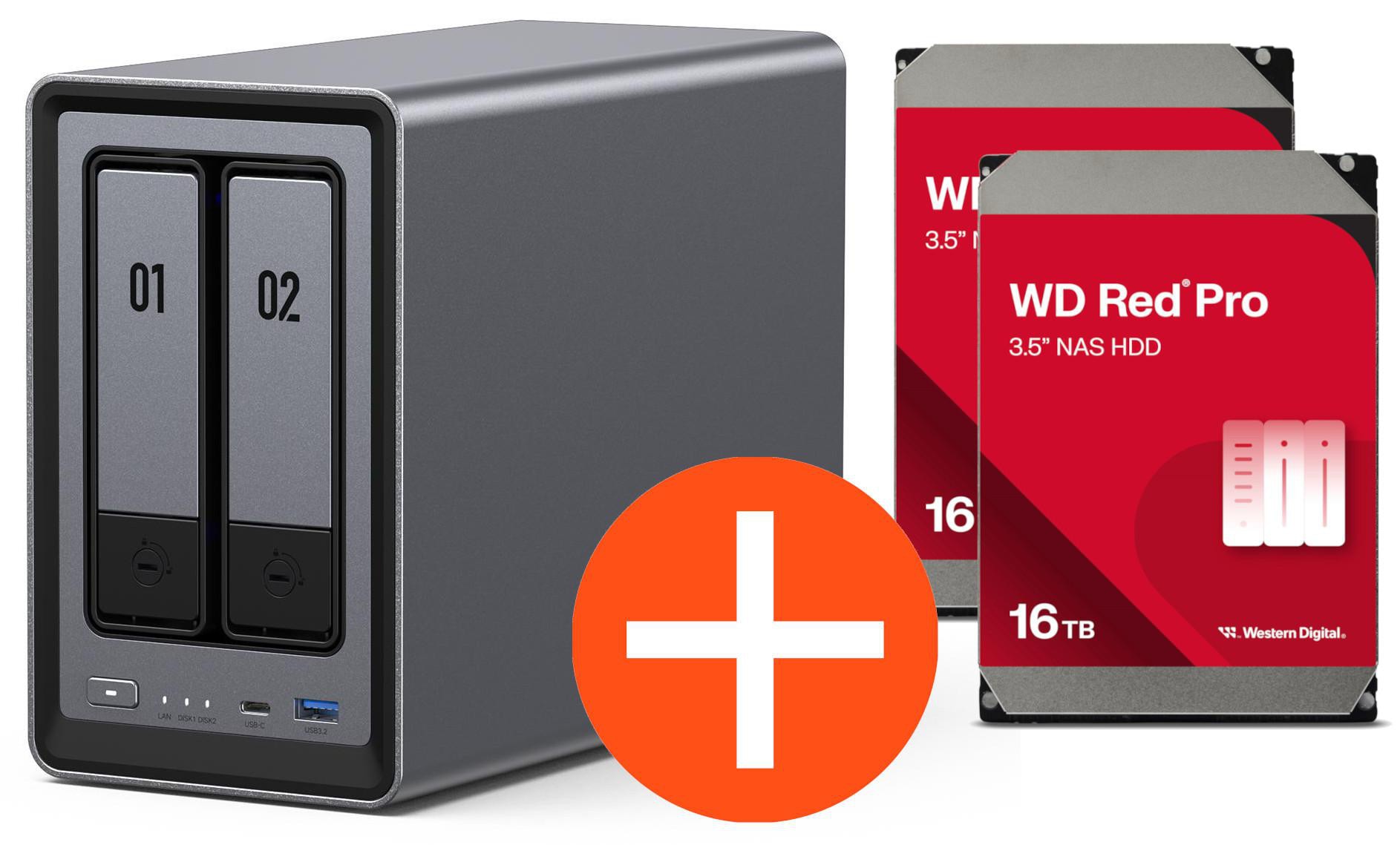 UGREEN NASync DXP2800 NAS System 2-Bay 32TB inkl. 2x WD WD161KFGX NAS HDD - 16 TB