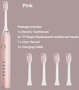 Inspired Finds Rechargeable Sonic Electric Toothbrush 5 Modes, 3 Intensity Levels & 4 Replacement Brush Heads With Smart Timer pink