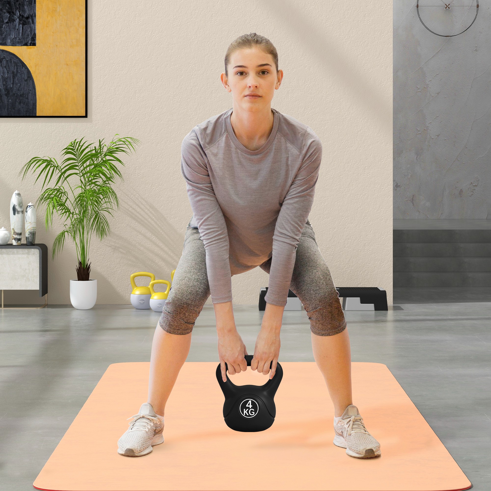 Homcom Kettlebell 4kg in Plastica e Sabbia con Base Piatta e Impugnatura, 18x12x20 cm, Nero