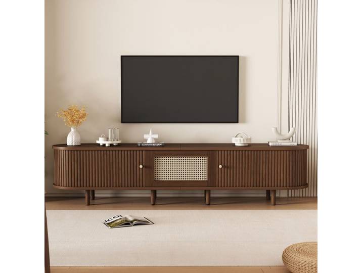 Meuble TV ovale en MDF avec décor rotin et portes coulissantes