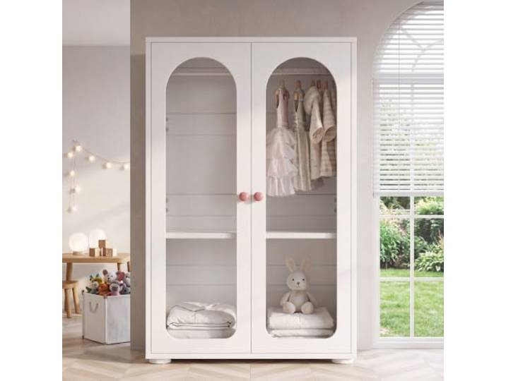 BXEYXE 2-türiger Kleiderschrank, Lackkleiderschrank, Schlafzimmer-Aufbewahrungsschrank, Kinderkleiderschrank, mit Kleiderstange, Acryl-Transparenttüren, Keramikgriffen, Weiß, 80×50×120 cm