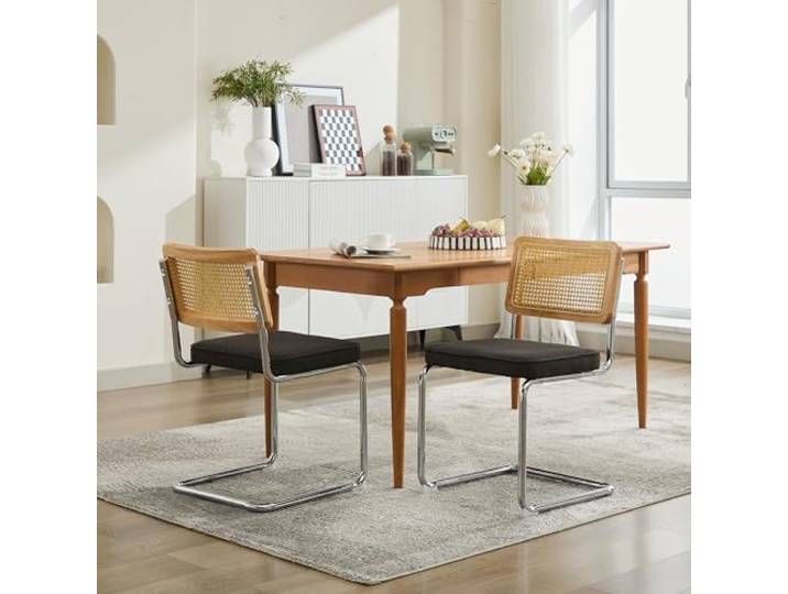 Bellemave Esszimmerstühle 2er-Set, Freischwingerstühle,Leinen-Bezug,Schwarz Mid-Century-Modern Polsterstuhl, Rattan-Rücken, verchromter Edelstahlfuß, Küchenstuhl
