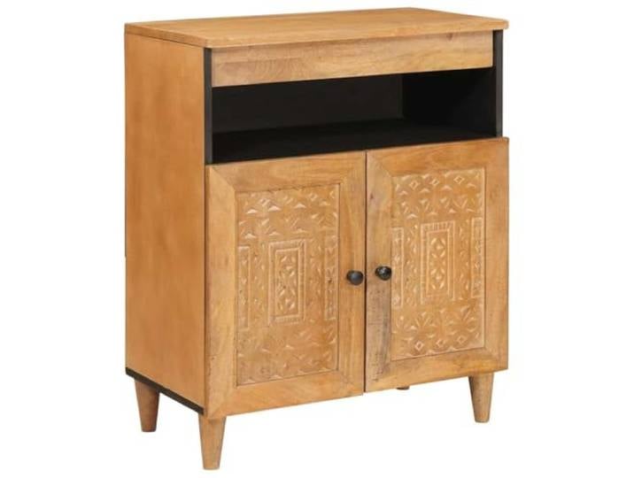 Modernes Holzsideboard mit Stauraum und flächenbündigen Türen, Elegantes Sideboard für das Wohnzimmer mit Regalen, minimalistisches Sideboard aus Mangoholz