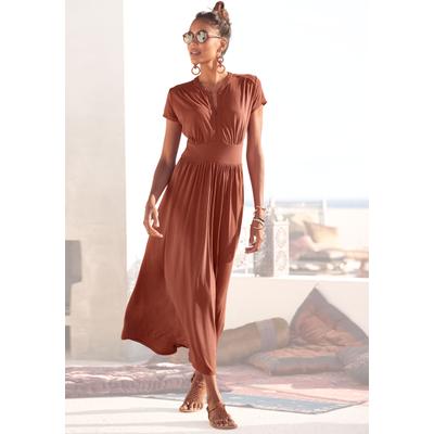 Midikleid LASCANA "mit Reißverschluss am Ausschnitt und Tailleneinsatz", Damen, Gr. 38, N-Gr, orange (terrakotta), Jersey, Obermaterial: 100% Viskose, unifarben, figurumspielend ca. Mitte Wade, V-Ausschnitt, Kleider Midikleid, figurbetontes...