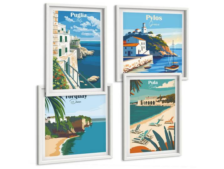 Tulup Bilder SET 4er Set - 50x50 cm & 40x60 cm Weißer Rahmen - Touristische Küstenlandschaften, Kunststoff, Rechteckig, 50x50 cm, gerahmt, Bilder & Rahmen, Bilder