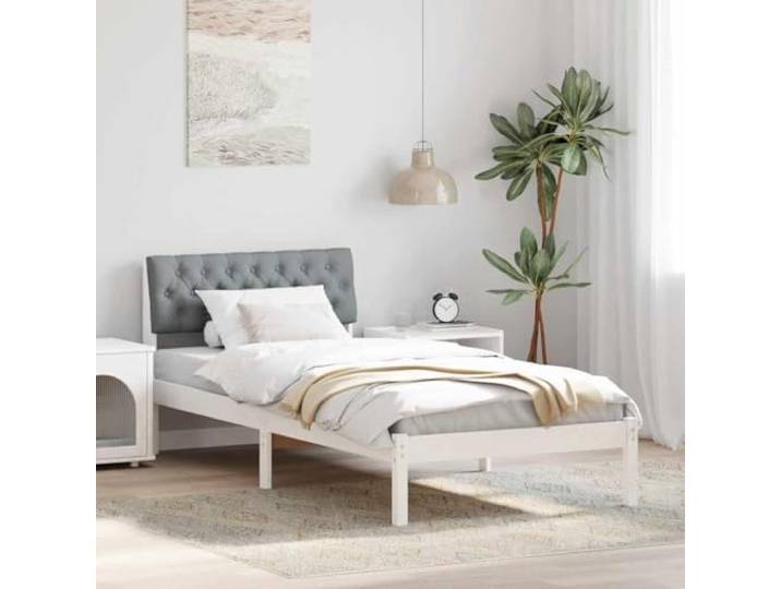 Massivholz Kiefer modernes Design Plattform Bettrahmen 90 x 190 cm Weiß Bettgestell Weiß und Hellgrau 90x190 cm Massivholz Kiefer mit Polster Kopfteil und Lattenrost, Stabiler Plattform Bettrahmen