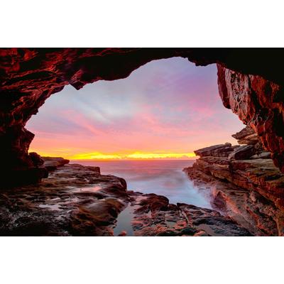 Fototapete PAPERMOON "GROTTE-FELSEN HÖHLE SONNENAUFGANG KÜSTE OZEAN MEER", bunt, B:3,5m L:2,6m, Vlies, Tapeten