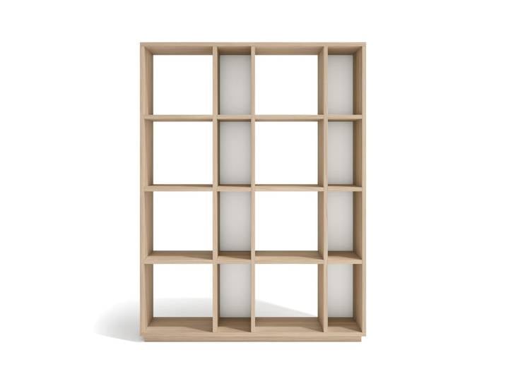 Étagère modulable 16 niches en placard finition noyer clair et blanc