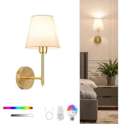Inspired Living Wiring Free Battery Operated Wall Sconce With 4000mAh Rechargeable Detachable Bulb, Remote Dimming & 15 Colors golden 1pack