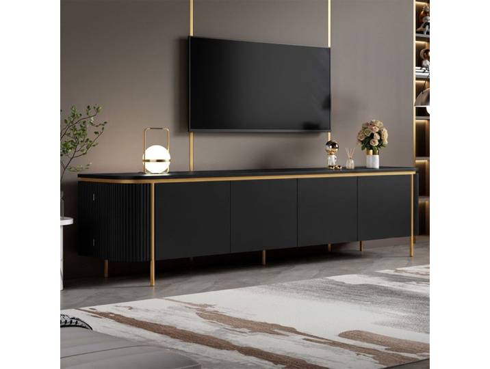 Bladez - Meuble TV ovale 180x38x46 cm avec 6 portes et pieds en fer style moderne idéal pour le salon - Noir