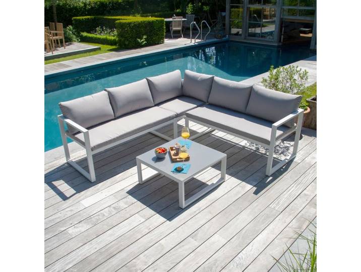 Salon de jardin modulable IBIZA en tissu gris 4 places - aluminium blanc