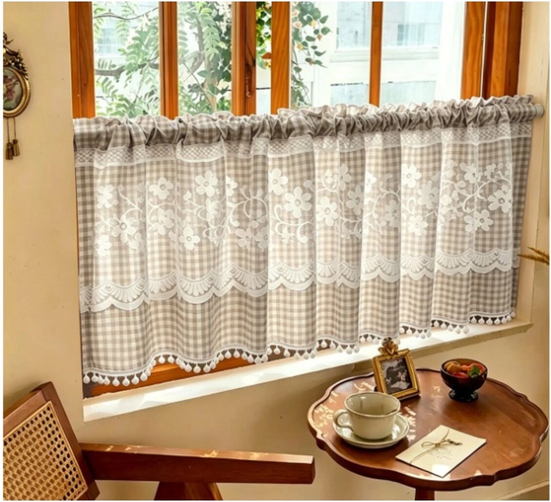 INF Rosen-Spitzen-Karo blickdichter Küchenvorhang mit Wellenkante und Bommel, Stangentasche, Polyester, Kaffee, 100×120cm