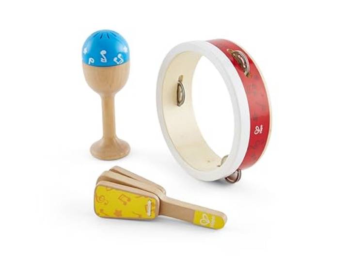 Hape Junior Percussion Set – 3-teiliges Holz-Musikset mit Tamburin, Maraca & Klapper, Musikspielzeug ab 12 Monaten