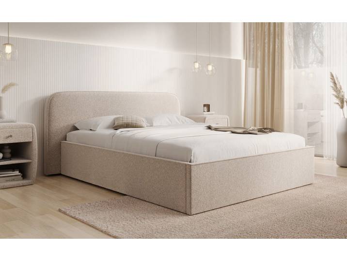 Designer Polsterbett Nola in Strukturstoff mit Stauraum - 160x200 - Beige - Luxusbetten24