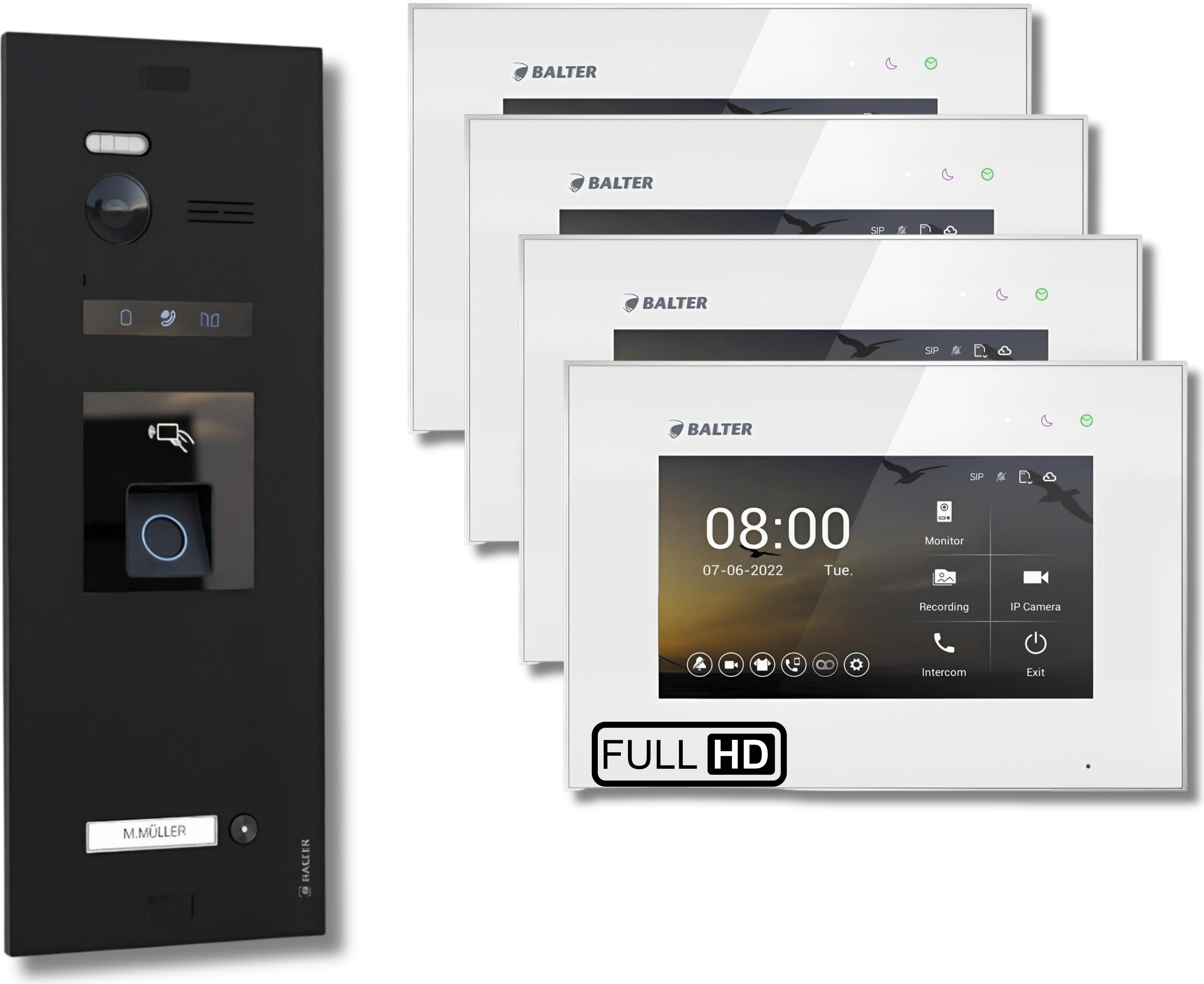 BALTER EVO HD Schwarz Video Türsprechanlage Fingerprint Set 1 Teilnehmer 4x7" Monitor Weiß