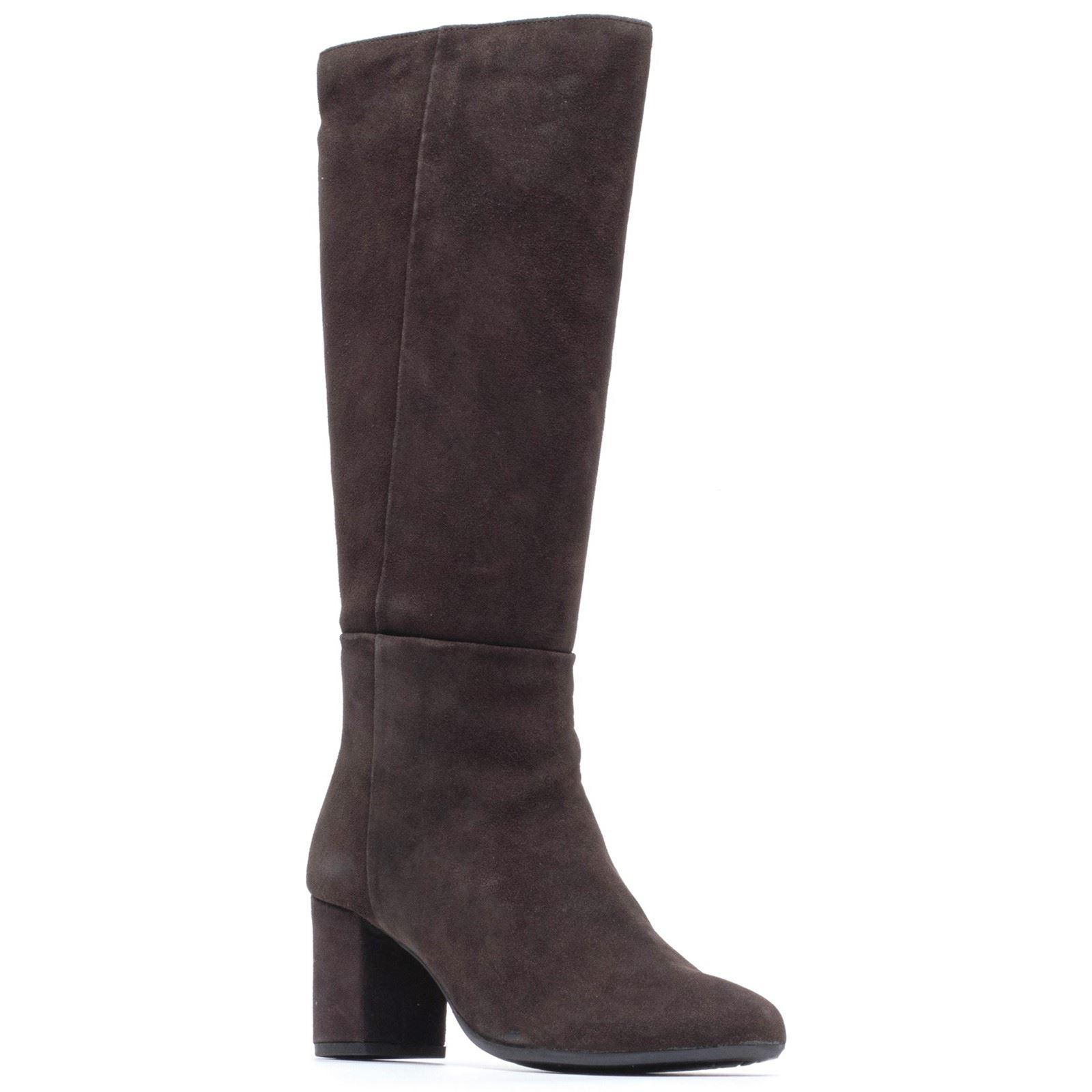 Hush Puppies Oprah Wildleder Lange Leder Damenschokoladenfarbene Absatzstiefel bis zum Knie