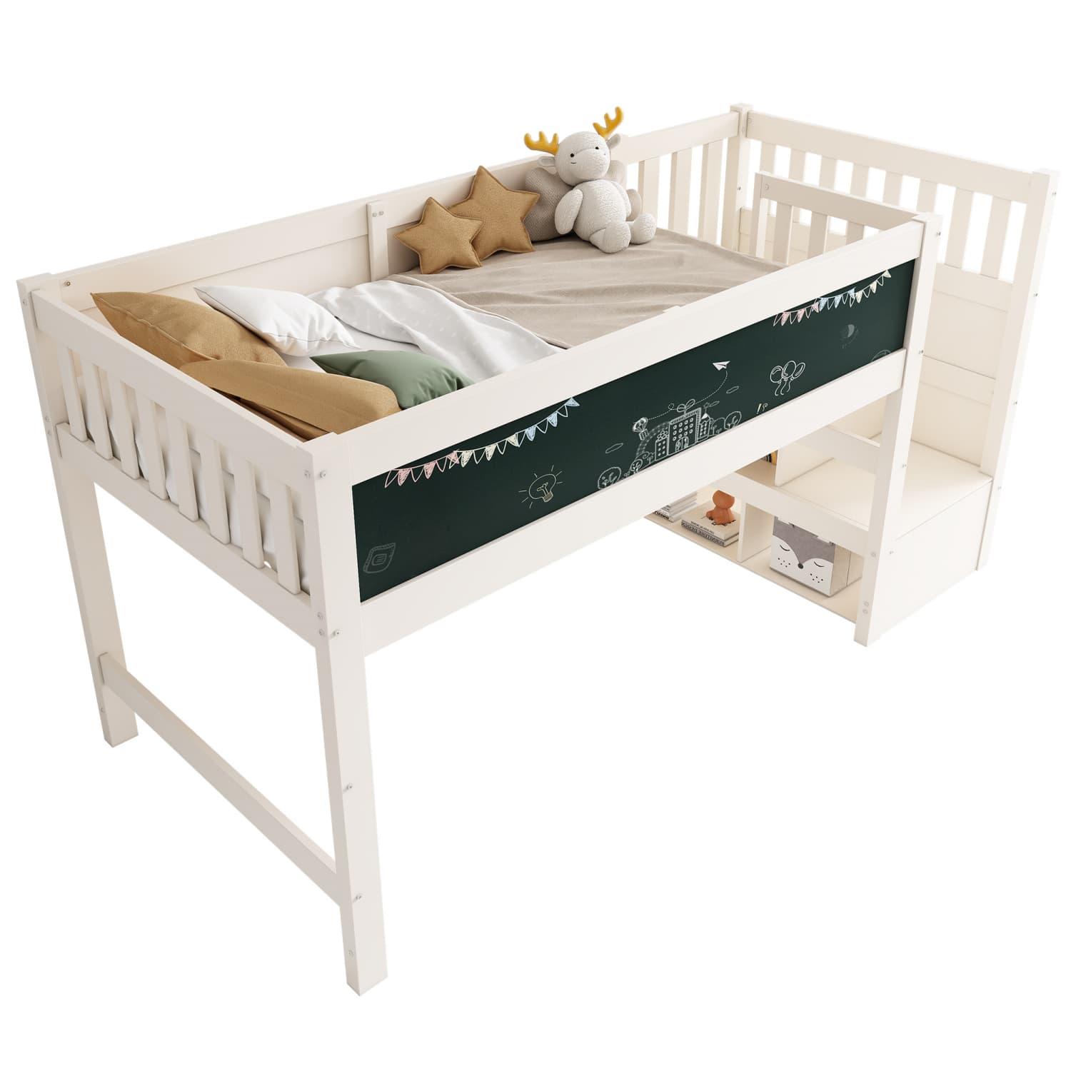 Kinderbett Hochbett mit Whiteboard&Tafel,Speicherung und Rausfallschutz 90 x 200 cm, Weiss Hochbett für Kinder- Lattenrost- Weiß(Ohne Matratze)
