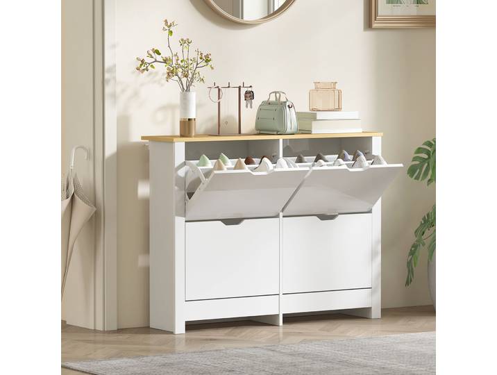 HOMCOM Armoire à Chaussures 4 Portes Blanc et Chêne