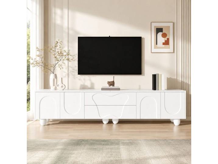 LEMONMAX Meuble TV 180 x 40 x 42 cm Buffet Bas avec 2 Tiroirs et 4 Portes - Pieds en Bois Massif - Blanc