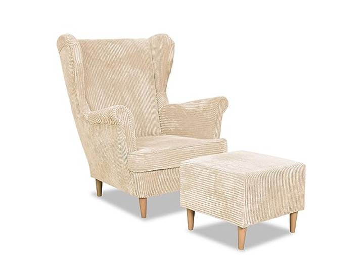 Family Meble Ohrensessel Cord mit Hocker, Modell Bonito, Skandinavisch, Relaxsessel aus Webstoff, Loungesessel, Sessel mit Fußstütze, Bequemer Sessel, Für Wohnzimmer, Esszimmer, Schlafzimmer, Beige