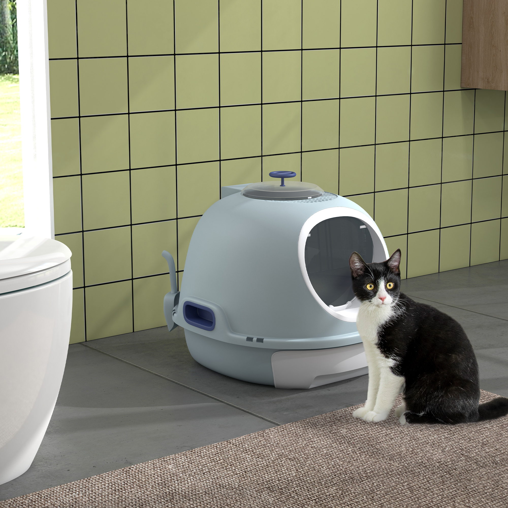 Pawhut Lettiera per Gatti Chiusa con Vassoio Estraibile, 2 Ingressi e Paletta, 47x55x44cm, Azzurro Aosom