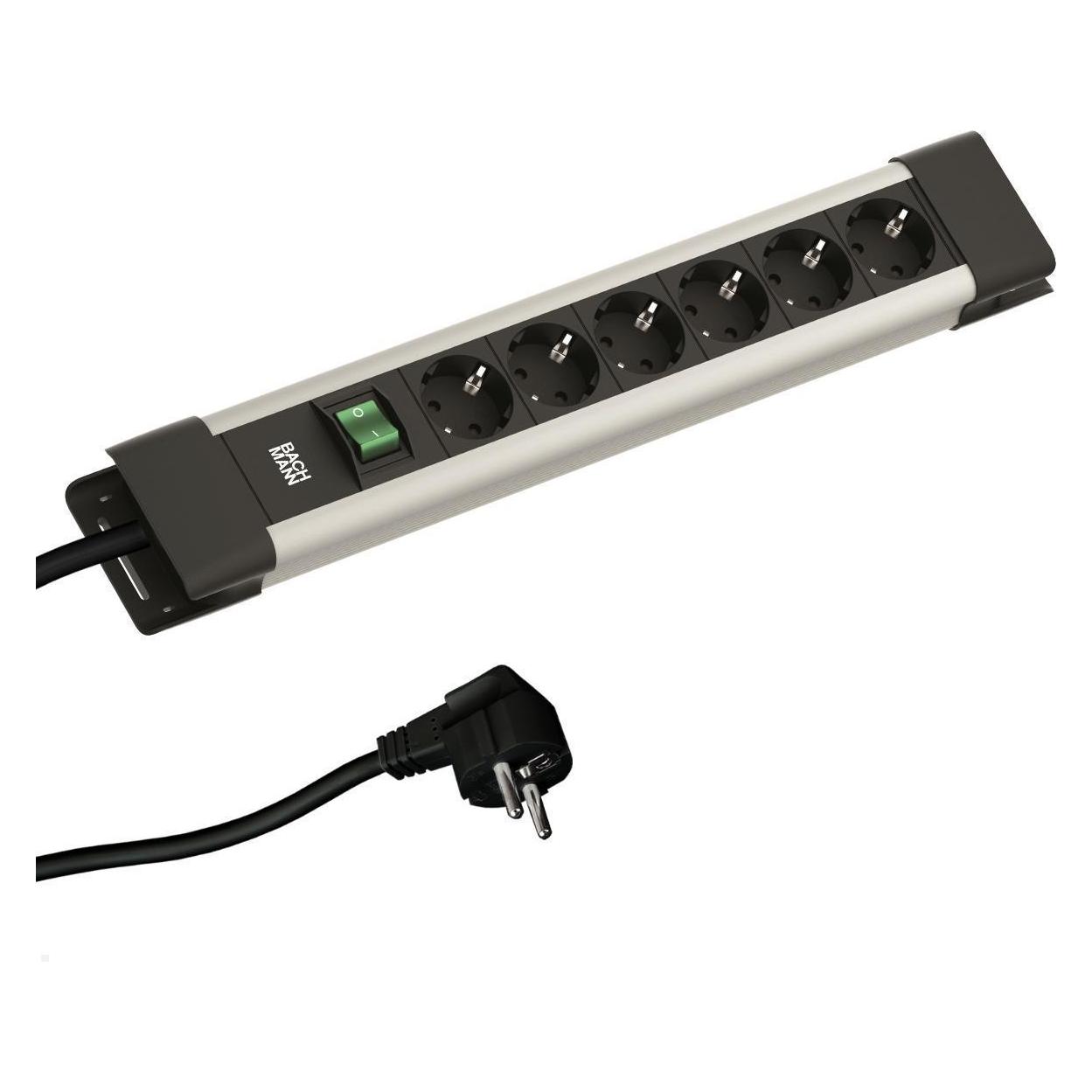 Bachmann CONNECTUS 6-Fach Steckdosenleiste (Robuste Mehrfachsteckdose mit Schalter und 2m Kabel) Gra (6x, CEE 7/3, 2 m) (BM005905)