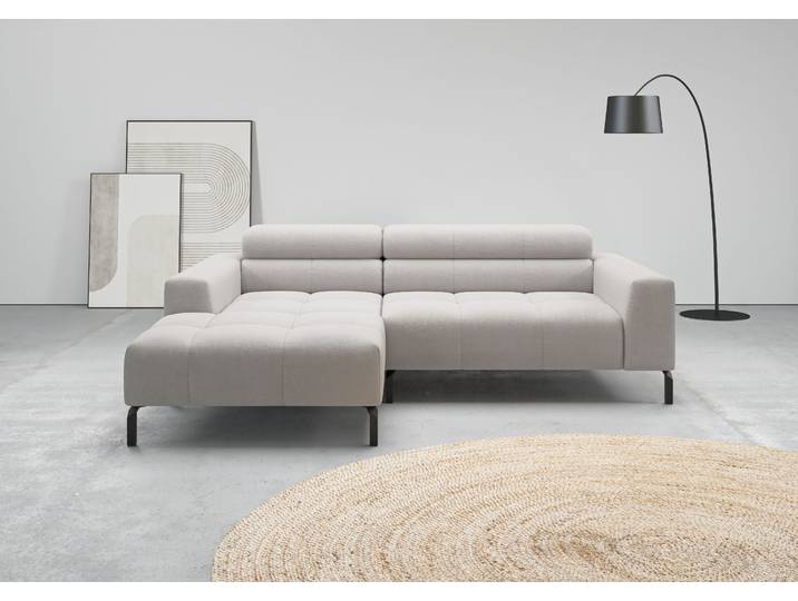 Ecksofa, 100% Polyester, Light Grau, 223×179 cm, Kopfteilverstellung, Modern, Home-affaire