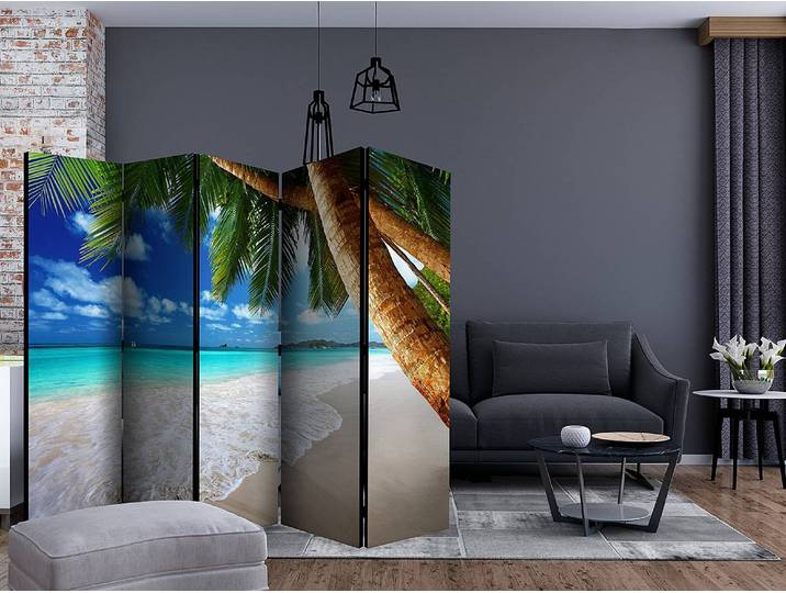 Paravent Tropical Island Akustik Vlies auf Kiefer Massiv Blau 225 x 172 x 3cm