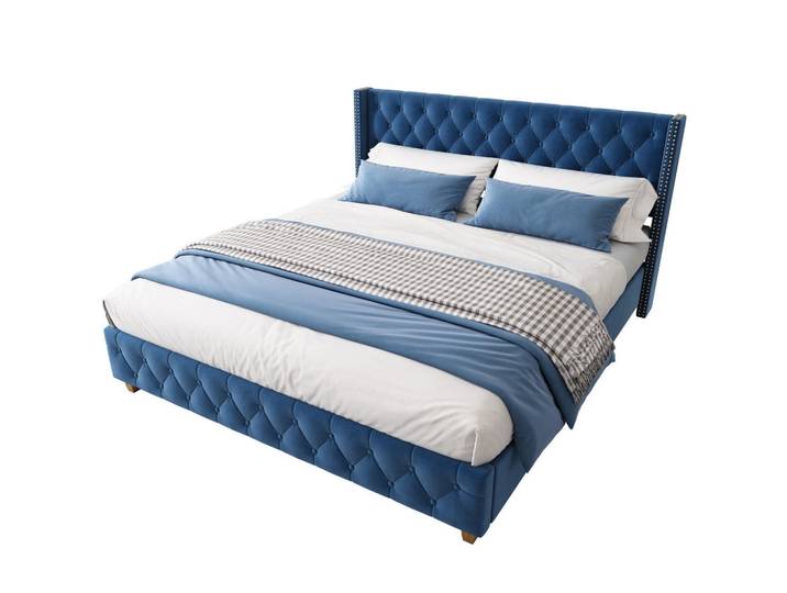 Okwish Polsterbett 160/200 cm Blau mit Kopfteil und Knopfpolsterung, 160x200 cm, Schlafzimmer, Betten, Polsterbetten