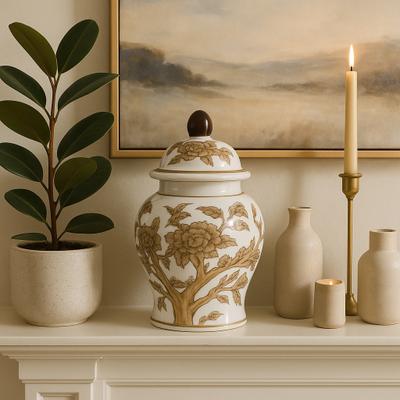 Sagebrook Home "Decorative Tall Chinoiserie Jar with Lid - White & Brown, 9"""