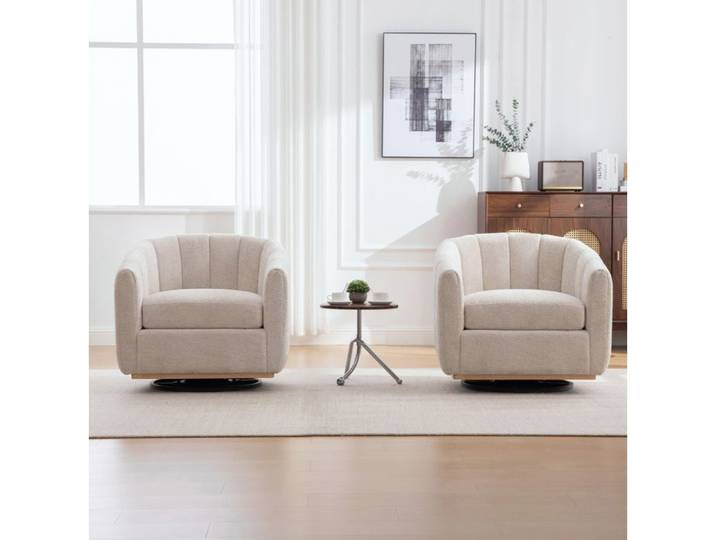 Fauteuil pivotant en chenille beige avec base métallique fauteuil club rembourré 360°