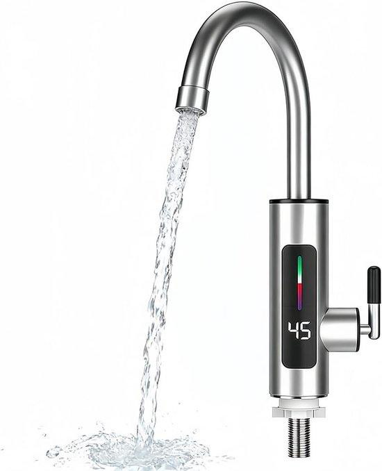 Elektrische doorstroomkraan met directe warmwaterbereiding en draaibare uitloop voor keuken, badkamer of tuin, zilver/chroom