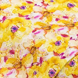 Baumwollstoff "Blumen" mit Lochstickerei, gelb-color