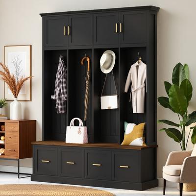 ZWYO HOSIMU Farmhouse Hall Tree with Coat Hooks, Enclosed Cabinets and Spacious Storage Drawers for Living Room, Entryway
