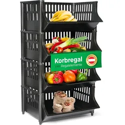 Novaliv 4 Stück Korbregal Schwarz Steckregal Stapelbar & Erweiterbar, Regale für Vorratsraum, Lebensmittelregal, Obstregal Keller Aufbewahrungssystem, Apfelregal, Stapelkorb, Stapelregal Kunststoff