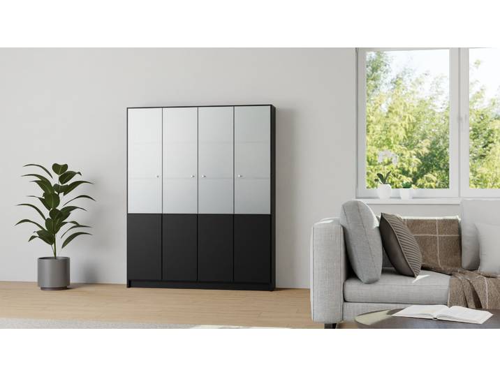 Schwarzer Bibliotheksschrank mit Glastüren MDF Lackiert Tiefs­chwarz RAL&nbsp;9005