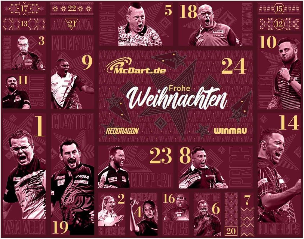 RedDragon Winmau Adventskalender 2026 voor steeldartspelers - 24 deurtjes - B/D/H: 42 x 34 x 7 cm