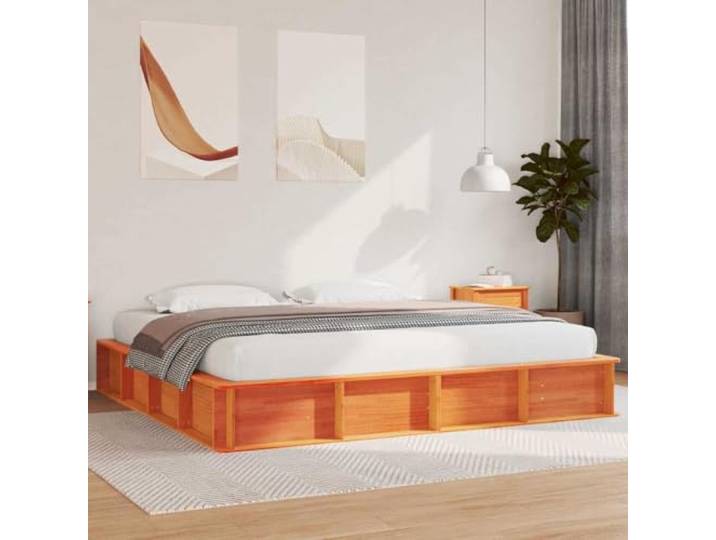Massives Kiefernholz Plattformbett modernes Design 180 x 200 cm Braun Bettrahmen Wachsbraun 180x200 cm Massives Kiefernholz Holzbett Plattformbett mit Lattenrost Stabil Bettgestell Doppelbett