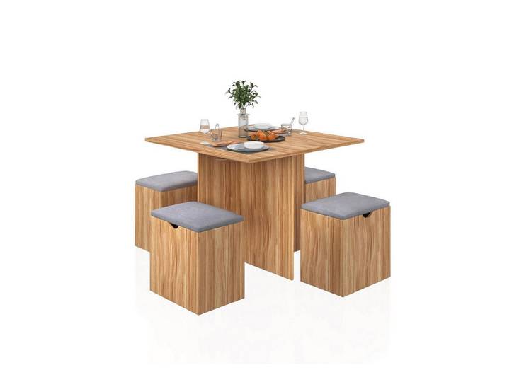 LuxusKollektion Essgruppe Esstisch Set 4 Hocker Stauraum Kissen Grau 80x80x75cm Roteiche