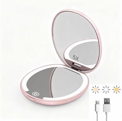 Fusion Finds LED Travel Makeup Mirror With 5x Magnifying Mirror & 3 Color Lights Rechargeable Compact Mirror pink