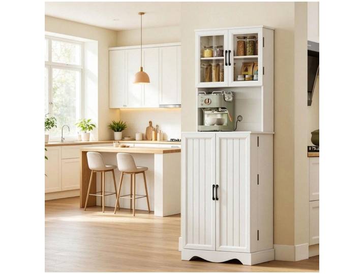 SENVIRO Buffet haut de cuisine 60 x 39 5 x 179 6 cm 4 portes plan de travail étagère réglable blanc