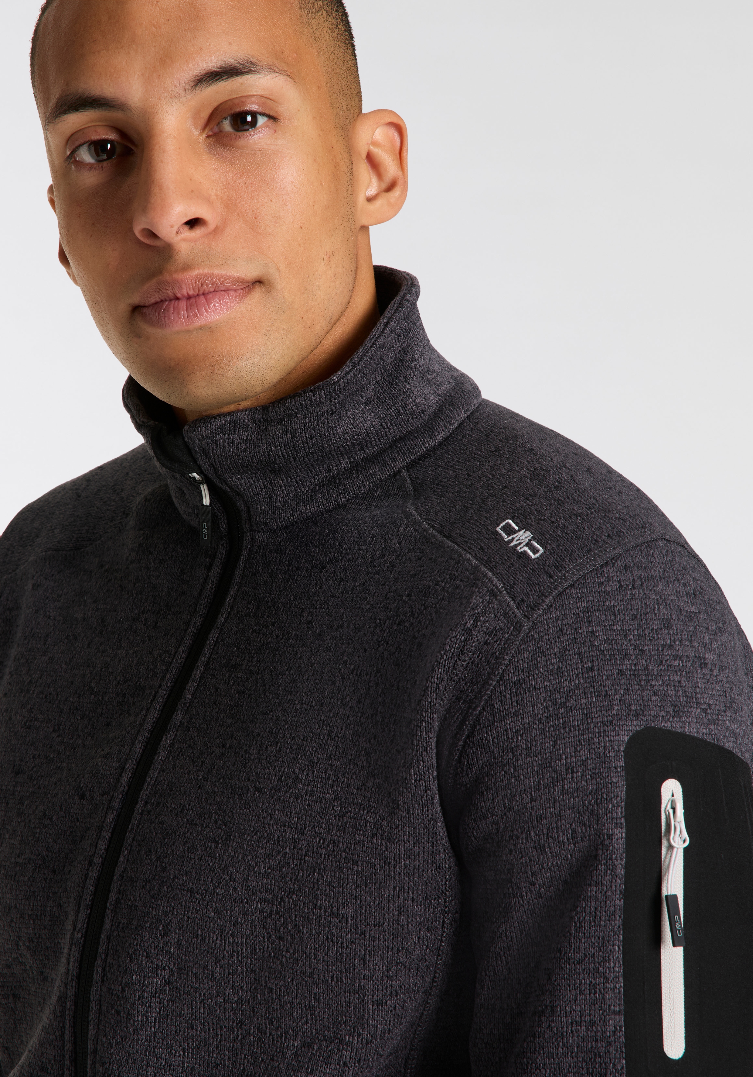 Strickfleecejacke CMP "MAN JACKET", Herren, Gr. 56, grau (ero, glacier), Strick, Obermaterial: 100% Polyester, normal, eingefasste Kante, Jacken Strickfleecejacke, mit hochschliessendem Kragen, atmungsaktiv, wasserabweisend ero, glacier 56